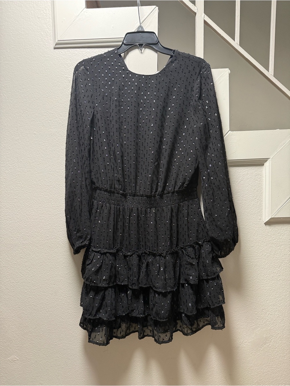 Express Black Long-Sleeve Tiered Mesh Dress with Metallic Dots - Picture 3 of 6